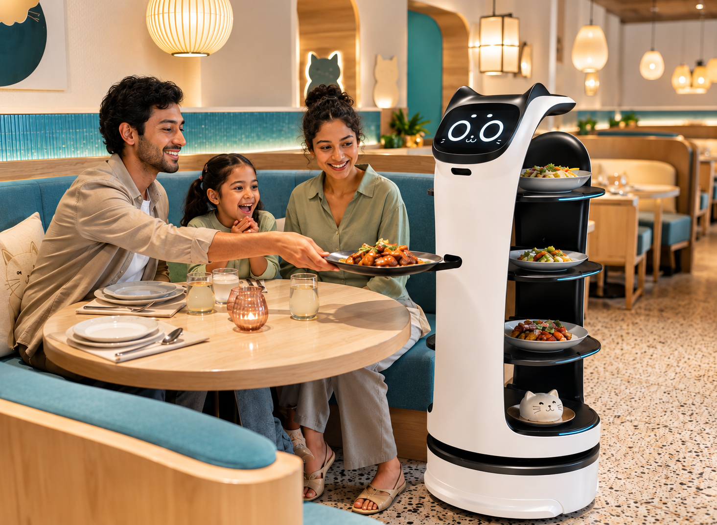 BellaBot cat themed service robot in a restaurant