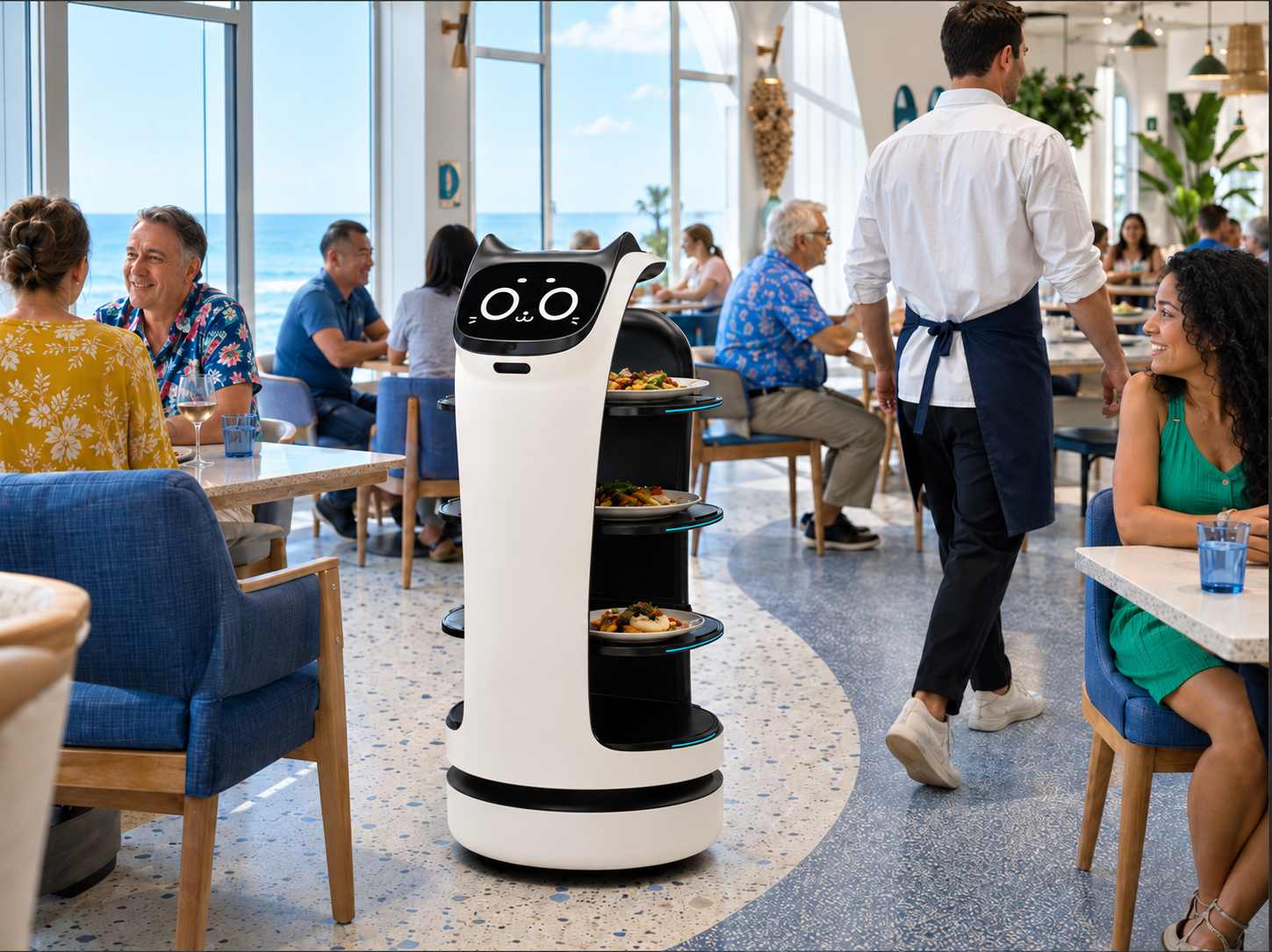 BellaBot robot navigating around restaurant obstacles