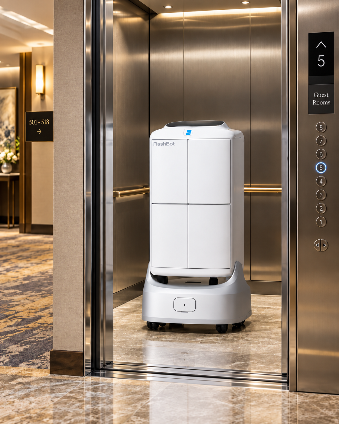 FlashBot Delivery robot taking a hotel elevator