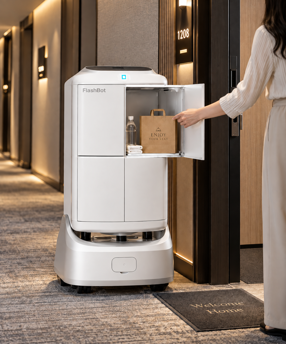 FlashBot Robot delivering items to a hotel room