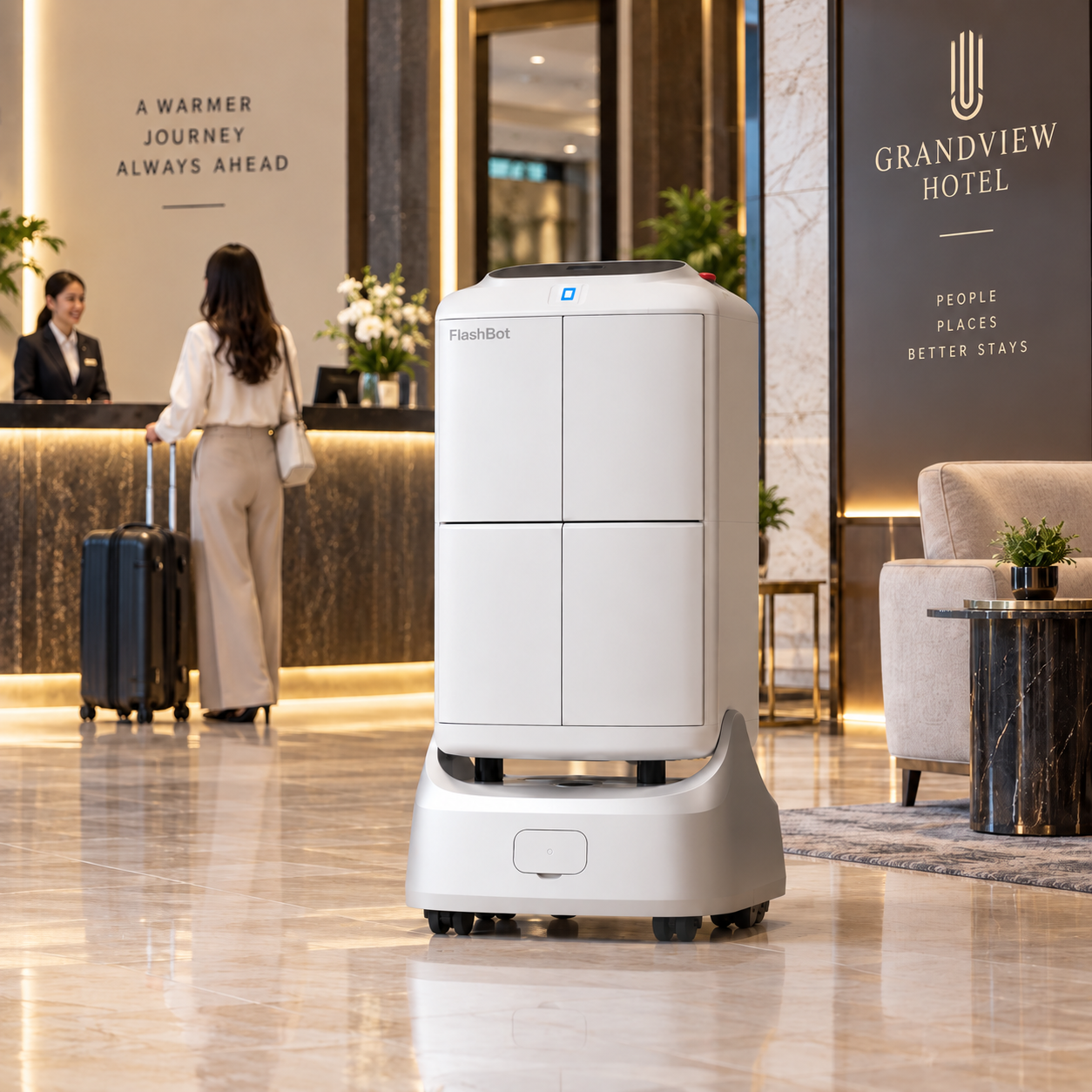 FlashBot Service robot in a hotel lobby