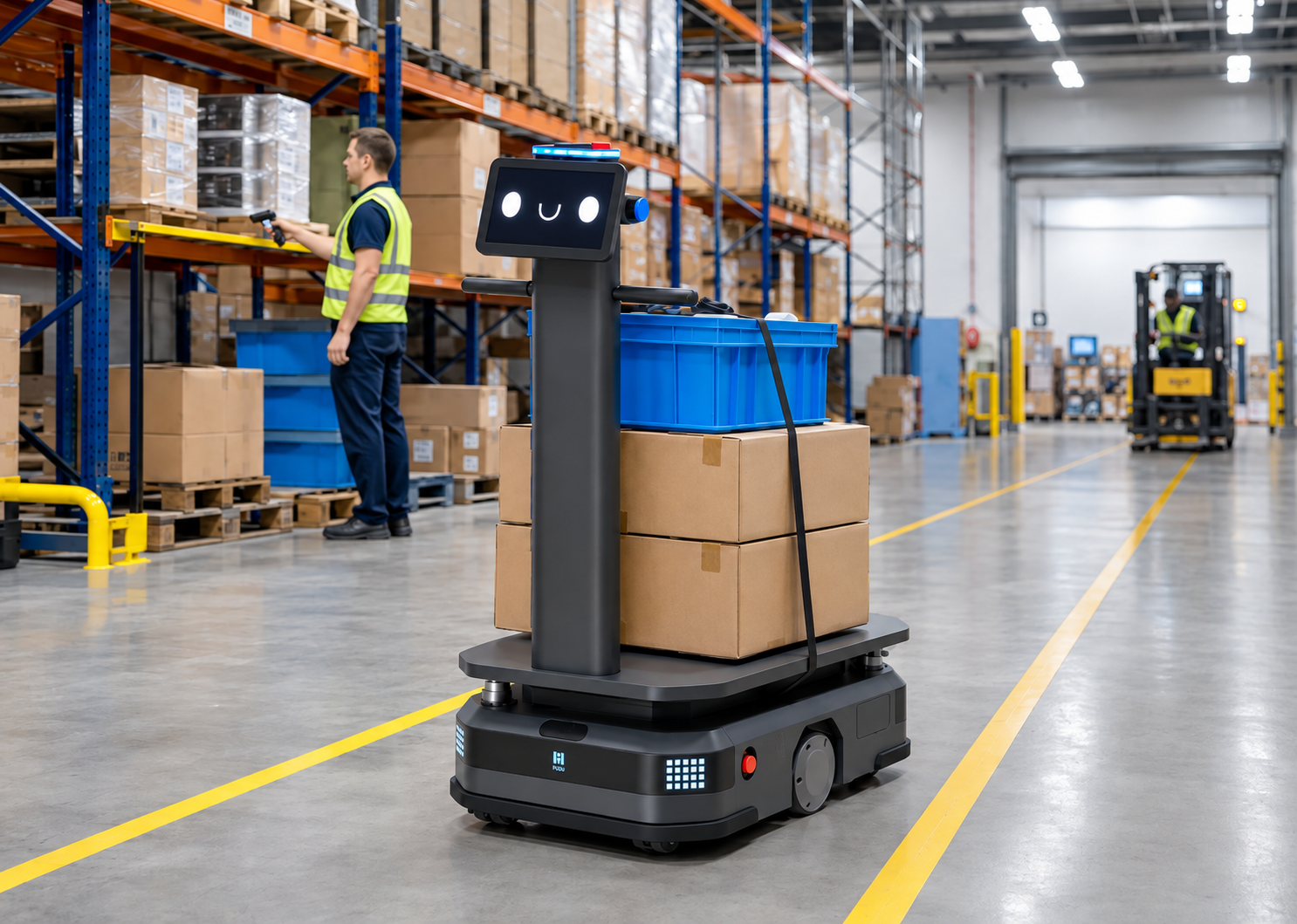 Industrial robot moving warehouse goods