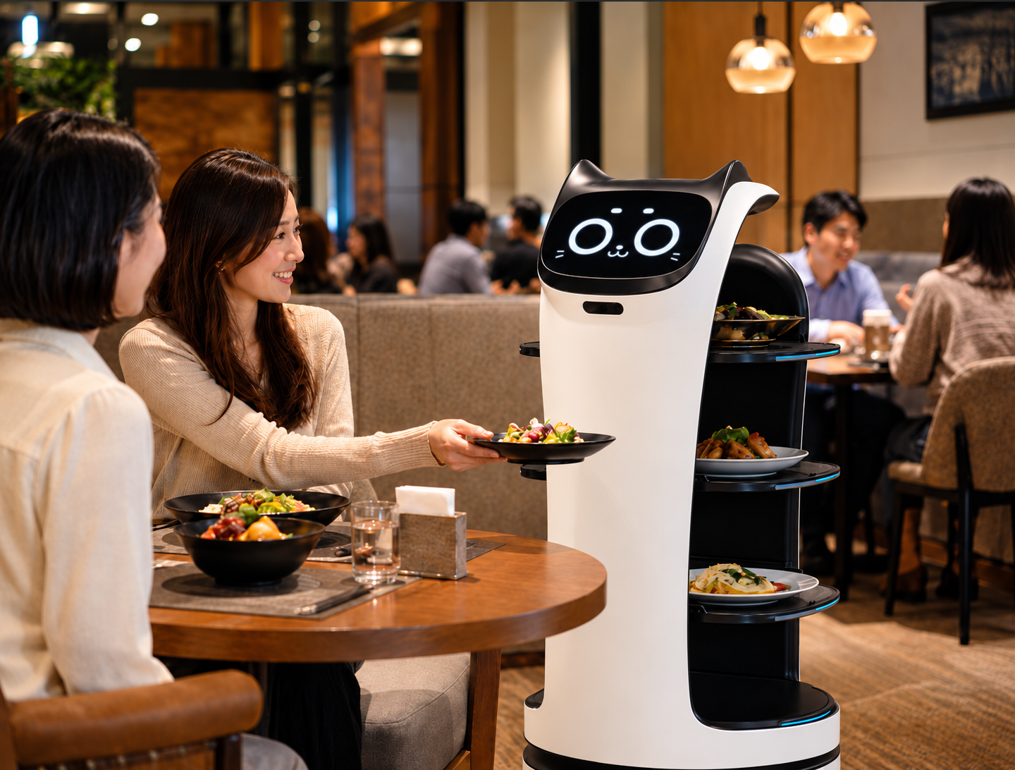 Robot delivering food to a restaurant table